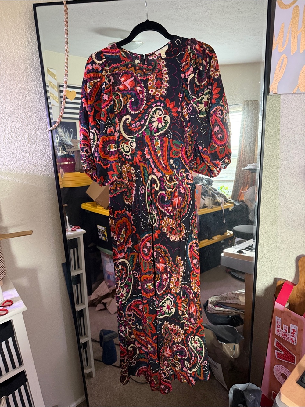 Black Paisley Maxi Dress with Puff Sleeves